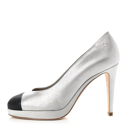 Chanel Metallic Calfskin Buffalo Cap Toe CC Pumps 37 Silver Black 1 of 9