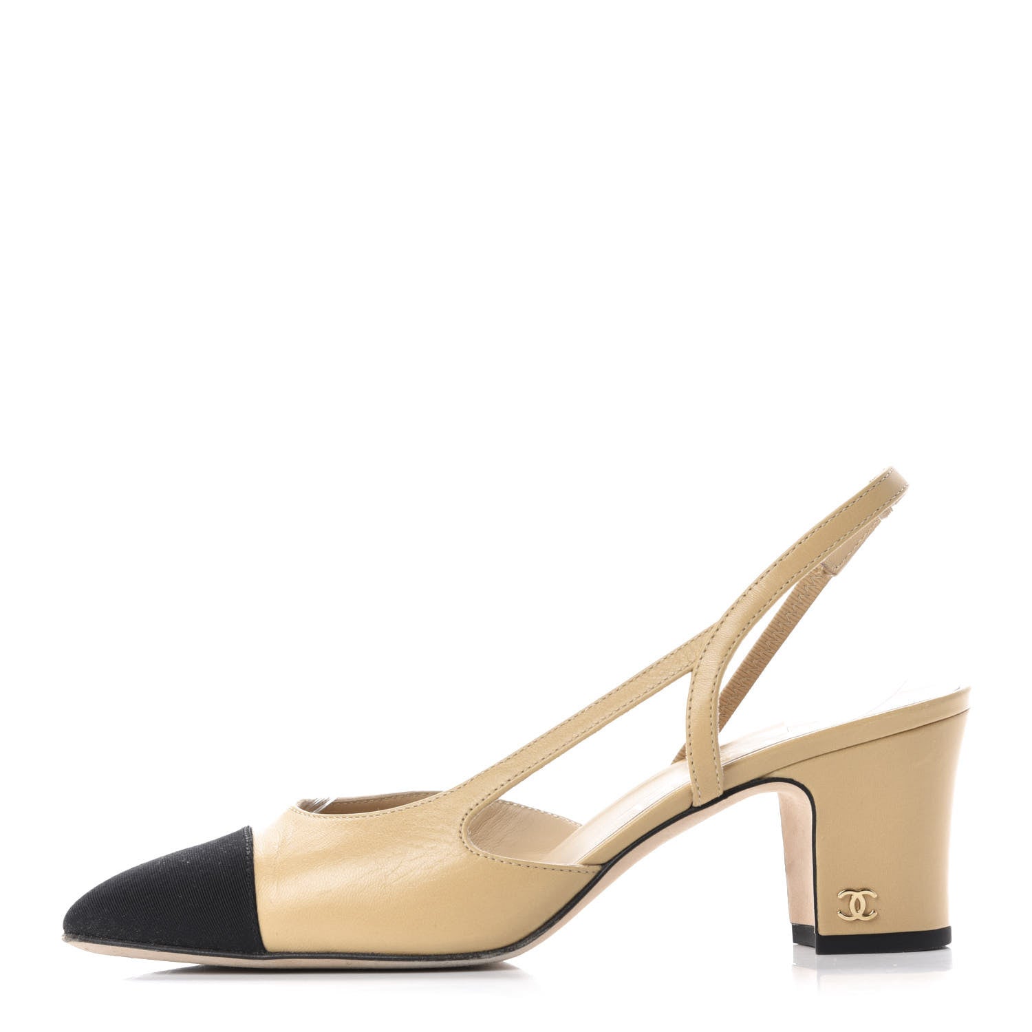 Chanel Goatskin Grosgrain Cap Toe CC Slingback Pumps 37 Beige Black 1 of 11