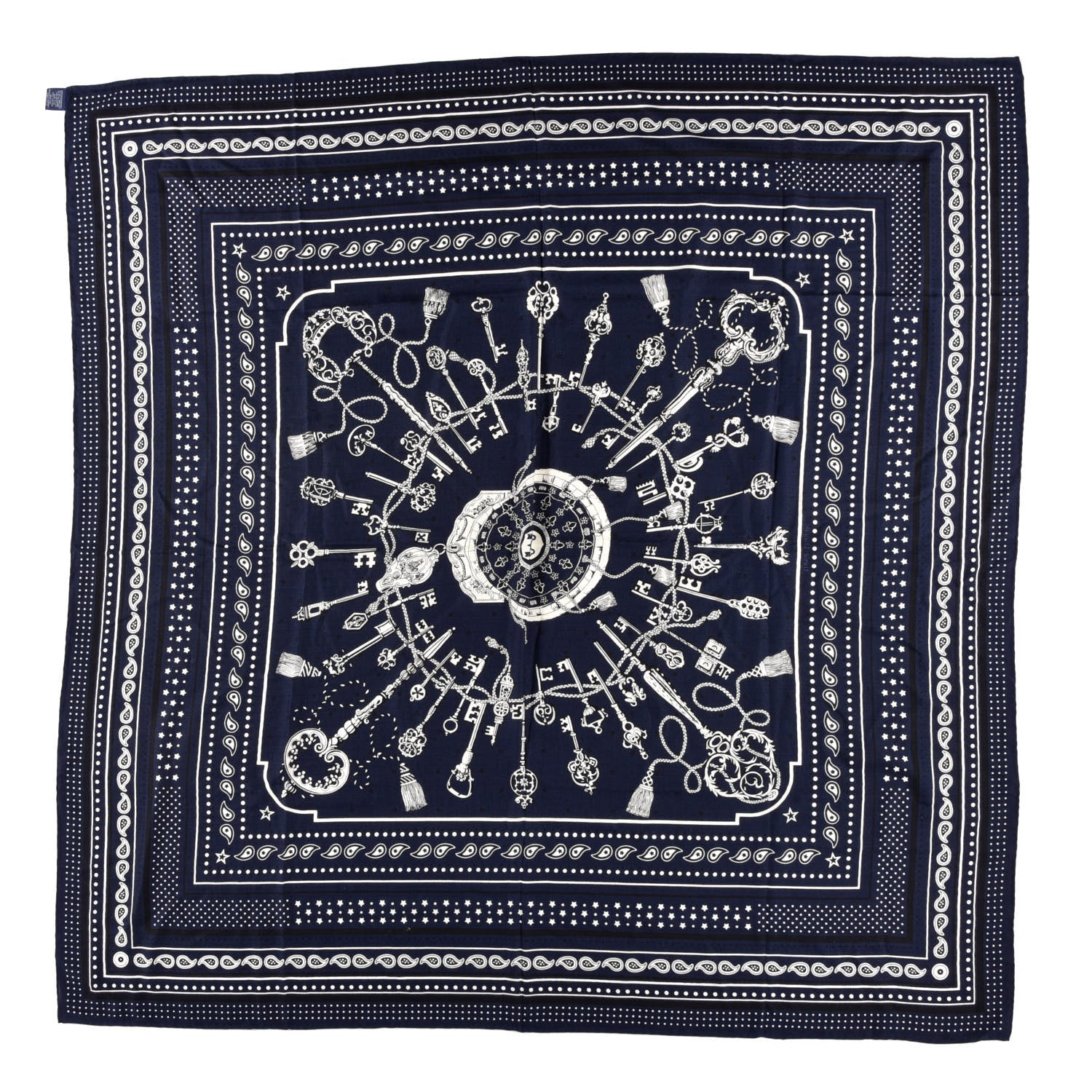 Hermes Cashmere Silk Les Cles Bandana Shawl 140 Marine Black White 1 of 2