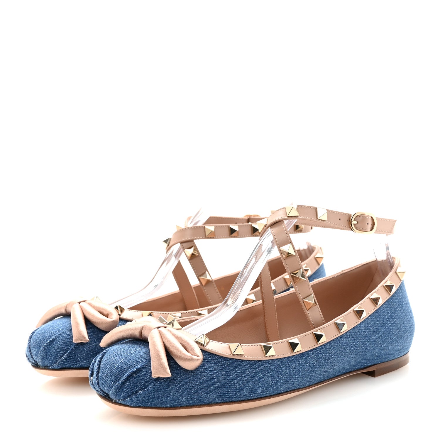 Valentino Garavani Denim Rockstud Bow Ankle Strap Ballerina Flats 37.5 Blue Rose Cannelle 4 of 10