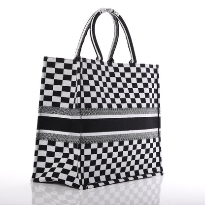 Christian Dior Canvas Embroidered Checkered Book Tote Black White 3 of 7