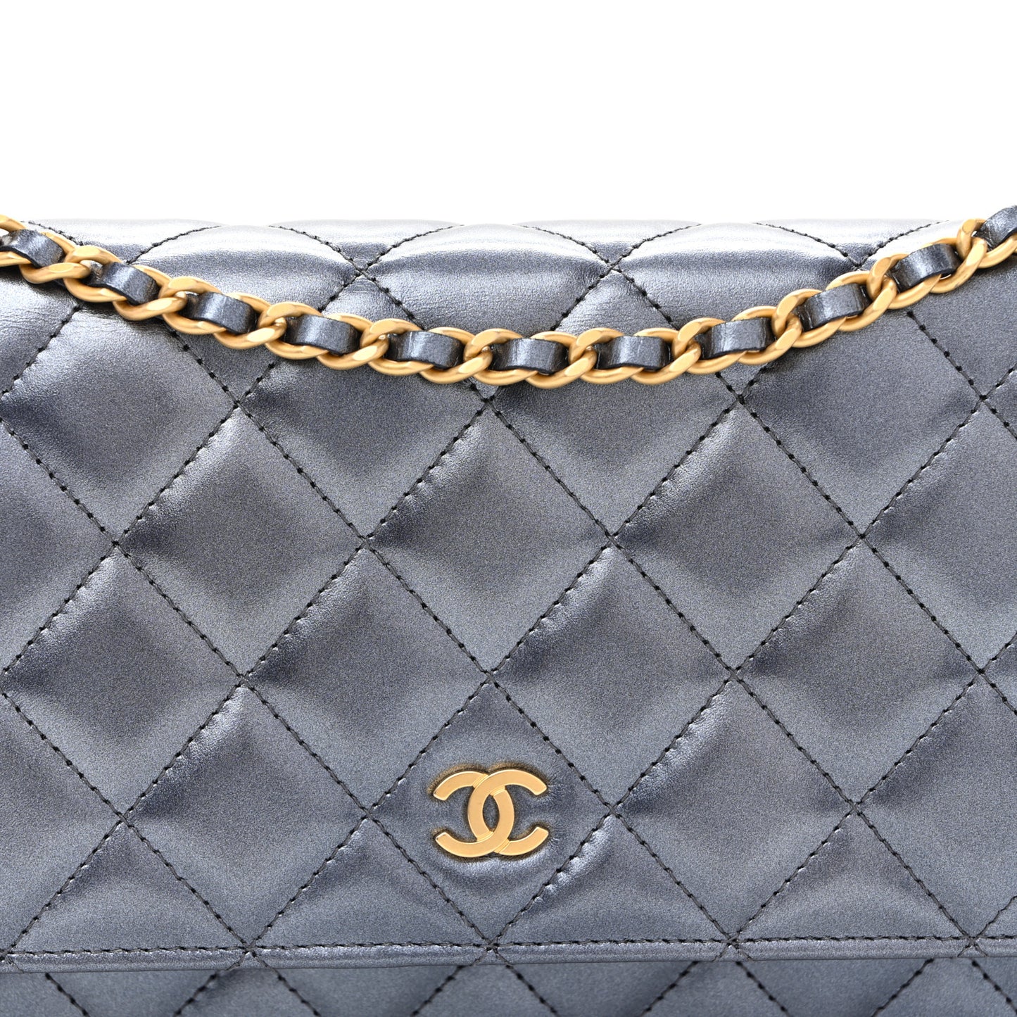 Metallic Calfskin Quilted Wallet On Chain WOC Navy Blue