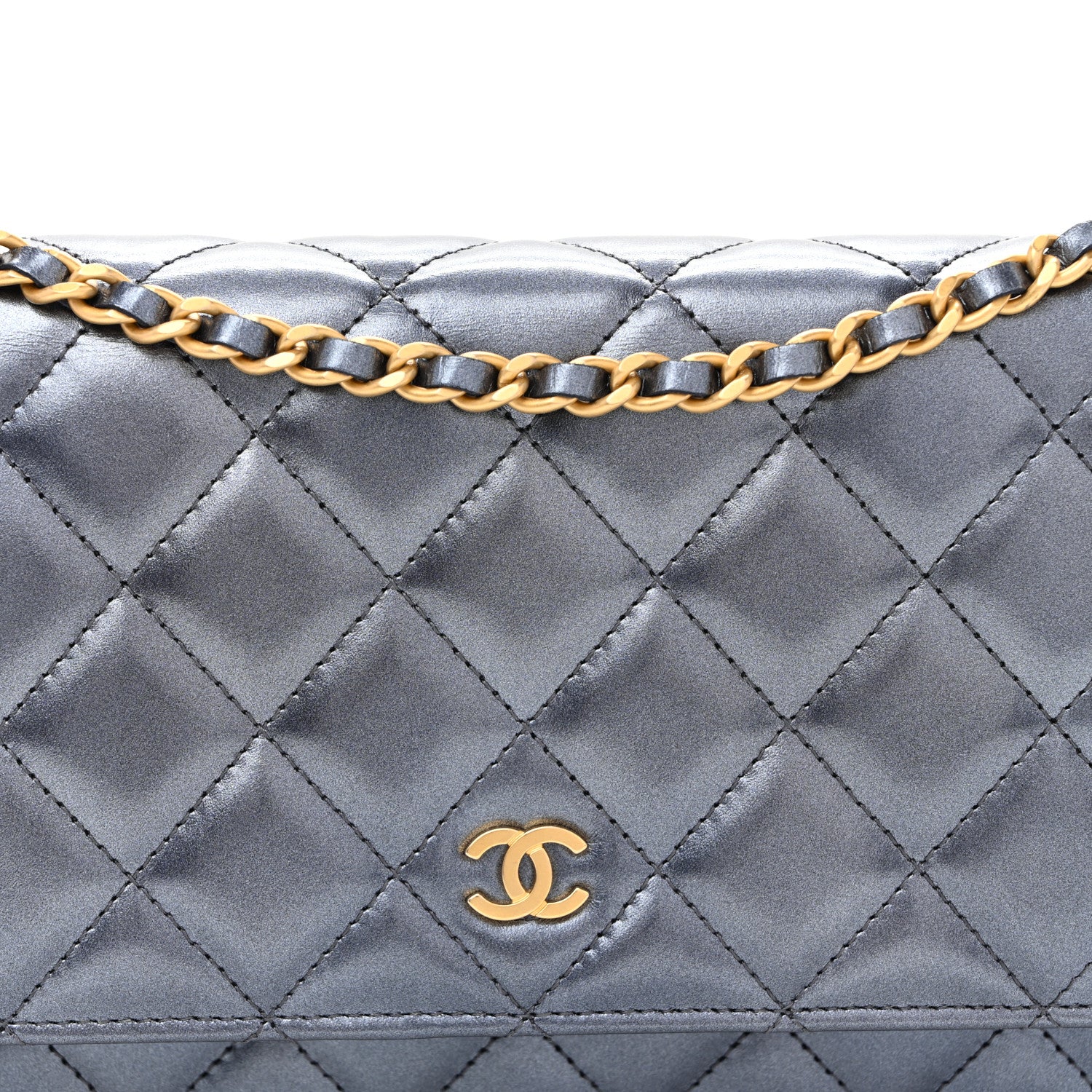 Chanel Metallic Calfskin Quilted Wallet On Chain WOC Navy Blue 9 of 12