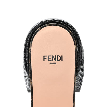 Fendi Jacquard Calfskin FF Crocodile Embossed Promenade Slide Sandals 37 Tobacco Moro Black 6 of 8