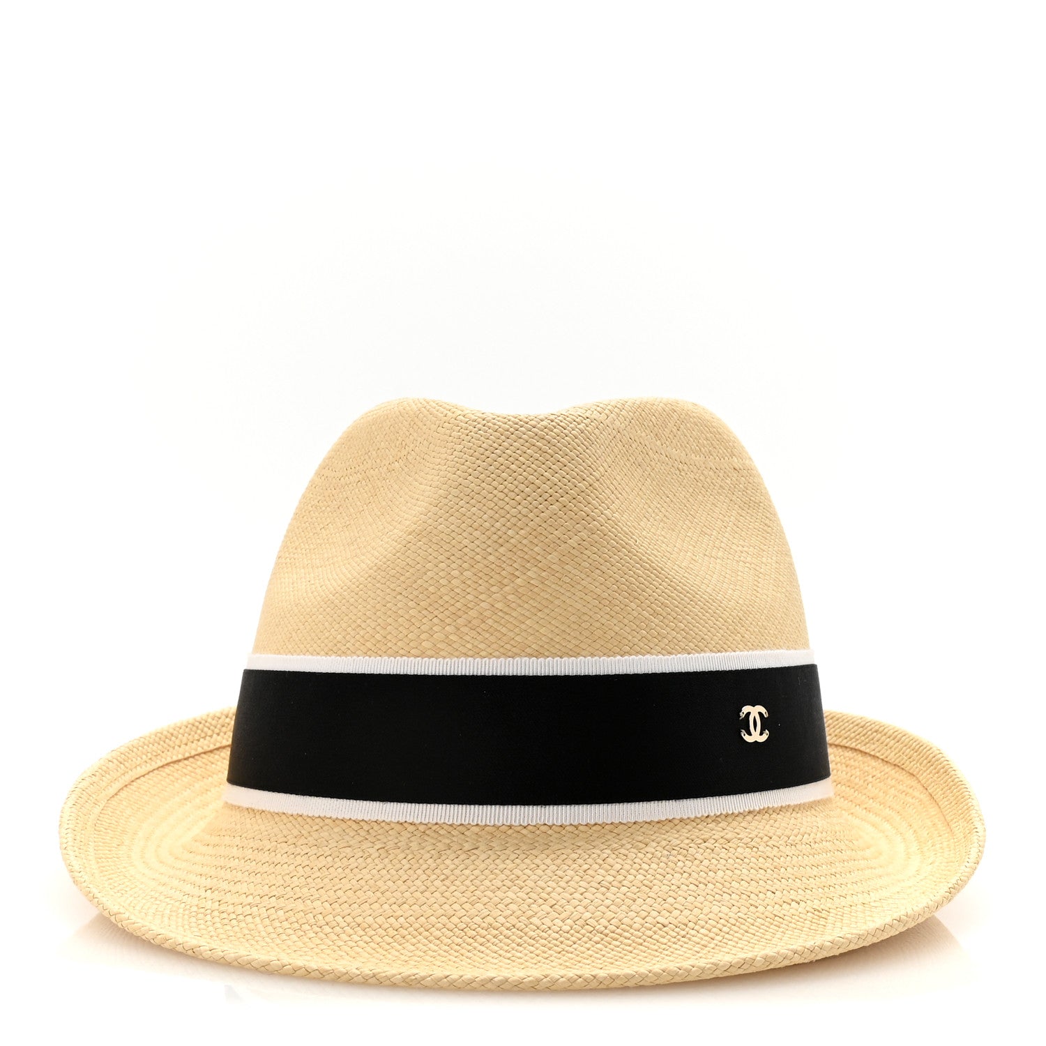 Chanel Straw Grosgrain Ribbon Fedora Hat S Beige Black 3 of 8