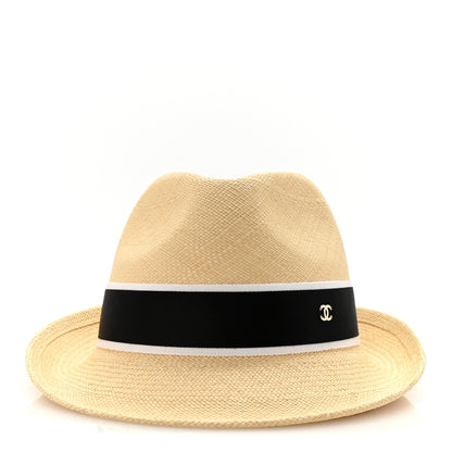 Chanel Straw Grosgrain Ribbon Fedora Hat S Beige Black 3 of 8