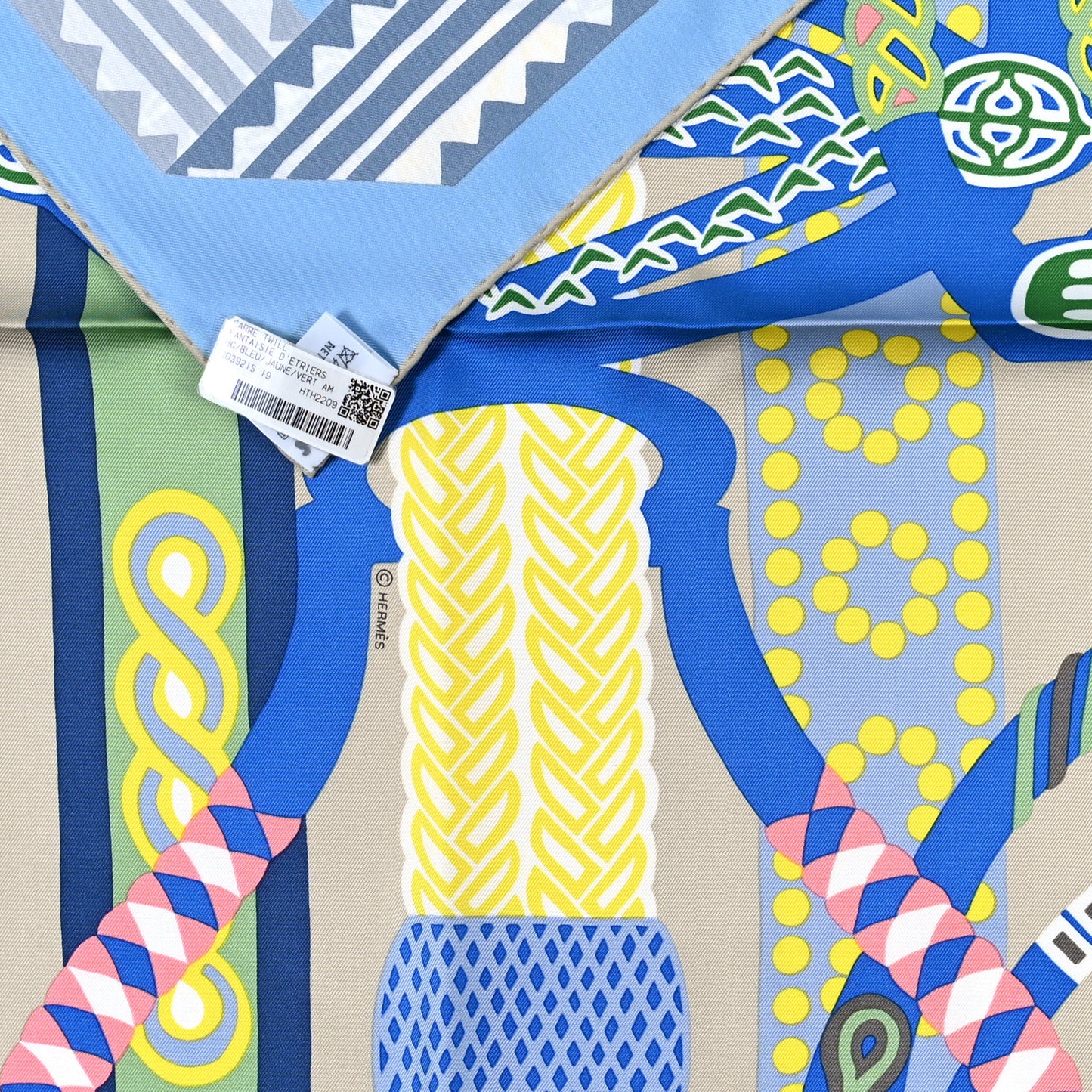 Silk Fantaisie D'etriers Scarf 90 Bleu Jaune Vert Amande