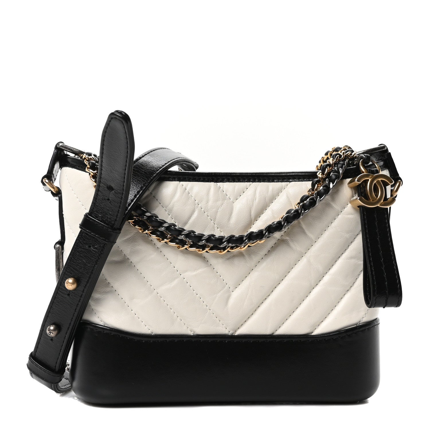Chanel Aged Calfskin Chevron Quilted Small Gabrielle Hobo Black White 1 of 19