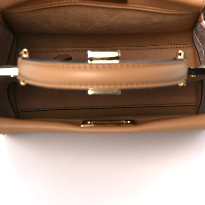 Fendi Vitello Seta Canvas FF Embroidered Mini Peekaboo Iconic Satchel Miele Scuro Poudre 5 of 9