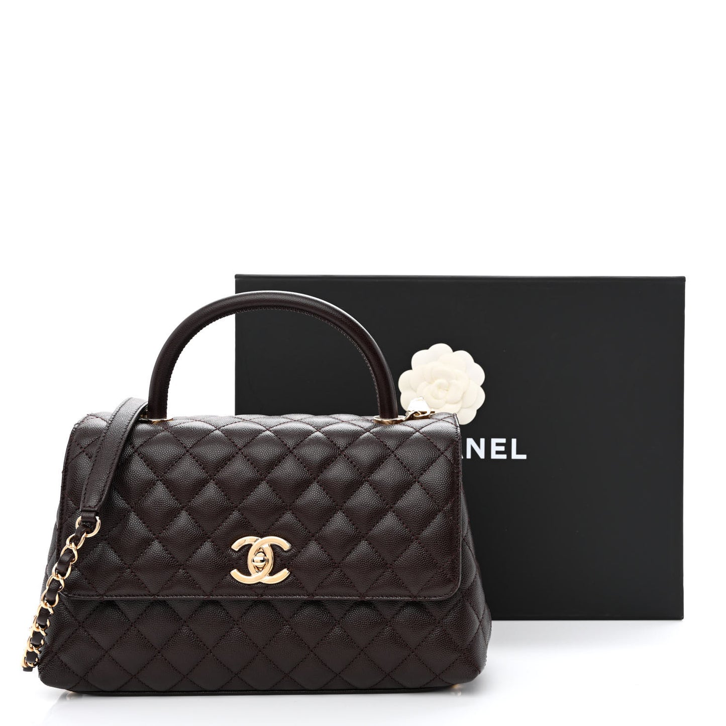 Caviar Quilted Small Coco Handle Flap Dark Brown