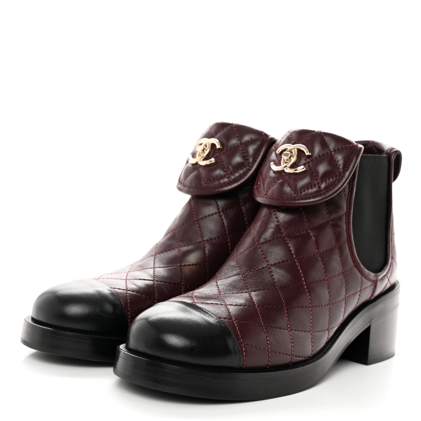 Lambskin Quilted Cap Toe CC Turnlock Booties 38 Burgundy Black