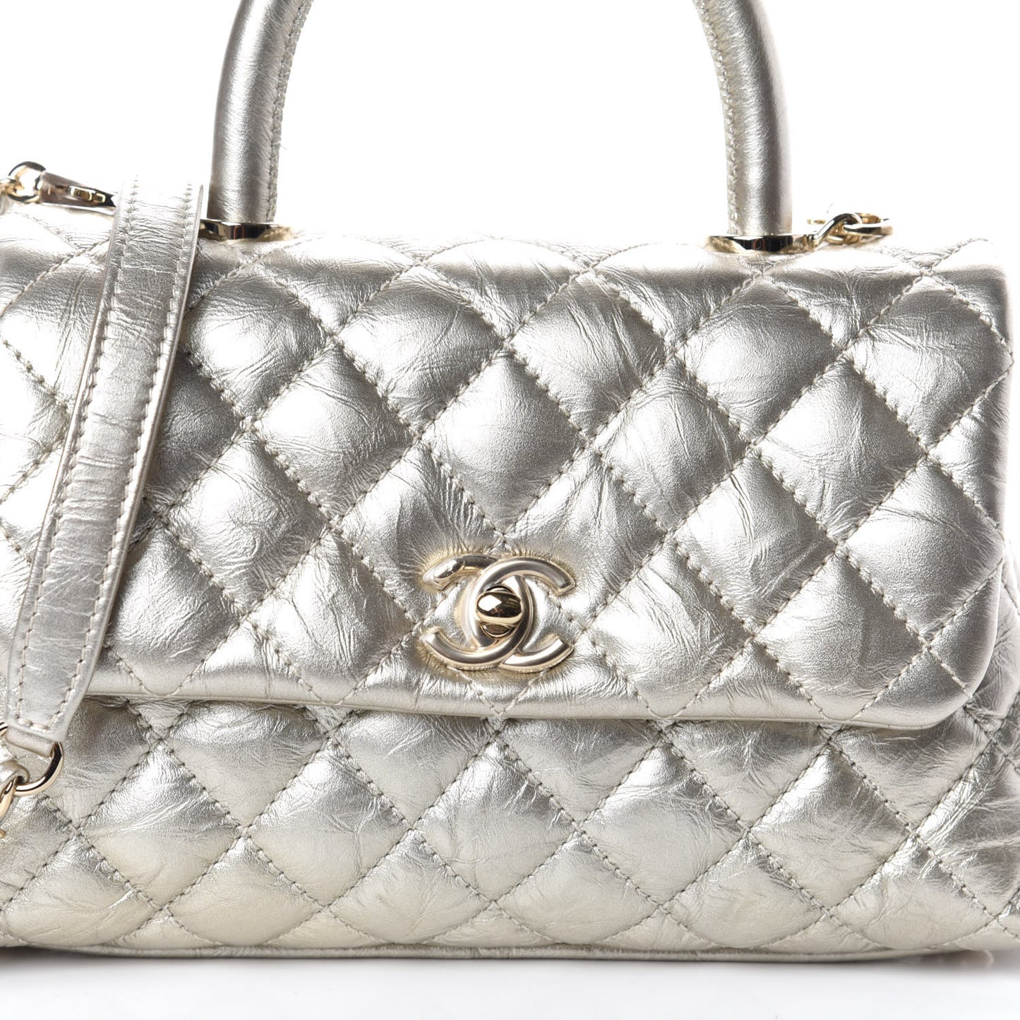 Metallic Aged Calfskin Quilted Mini Coco Handle Flap Silver