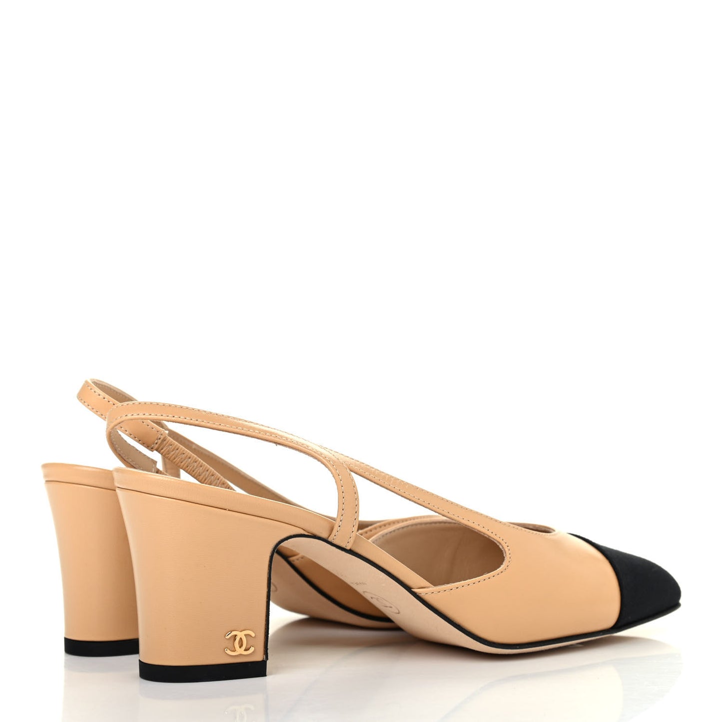 Lambskin Grosgrain Cap Toe CC Slingback Pumps 36 Beige Black