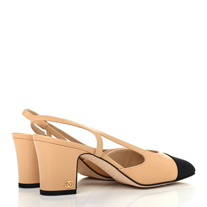 Chanel Lambskin Grosgrain Cap Toe CC Slingback Pumps 36 Beige Black 3 of 4