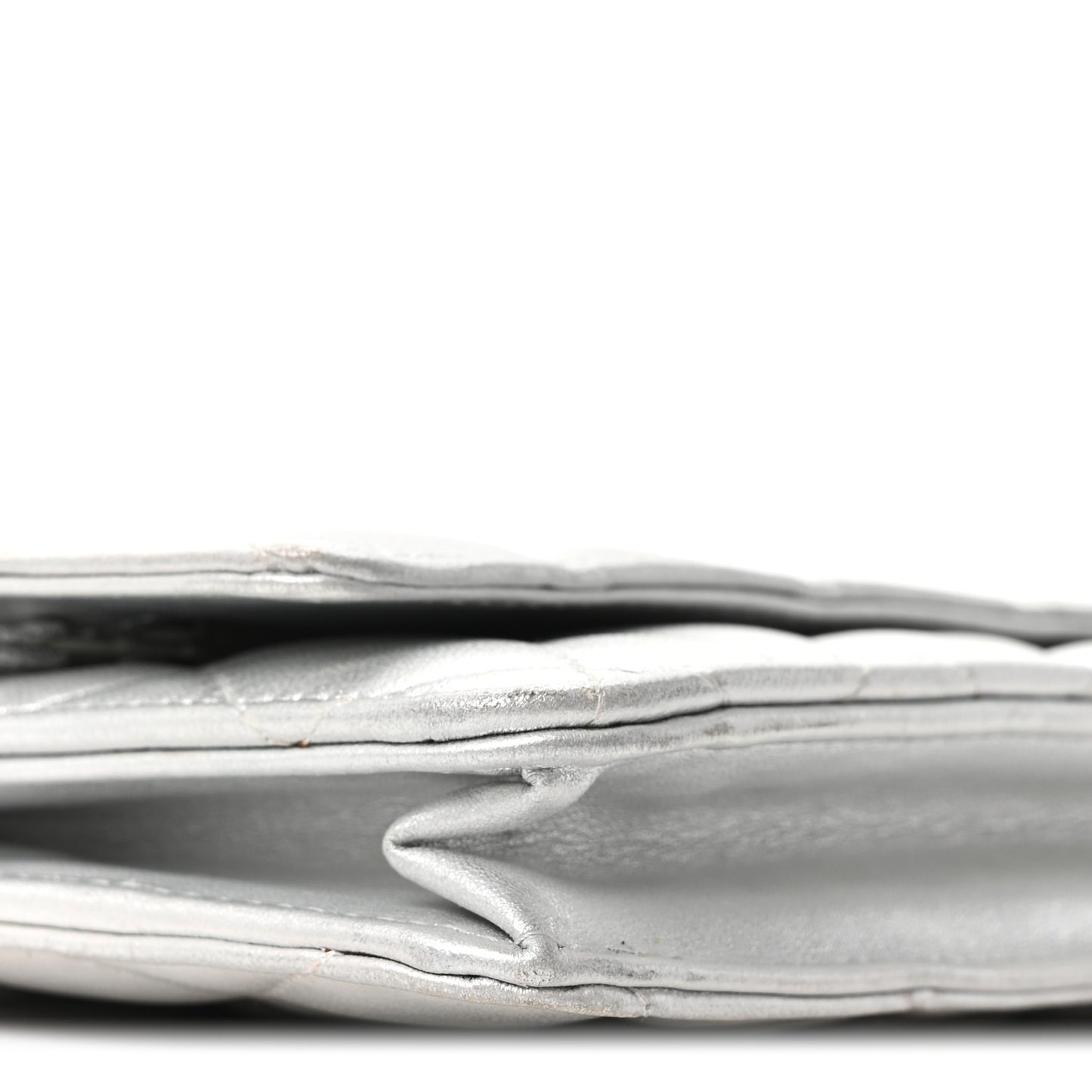 Metallic Lambskin Quilted Wallet On Chain WOC Silver