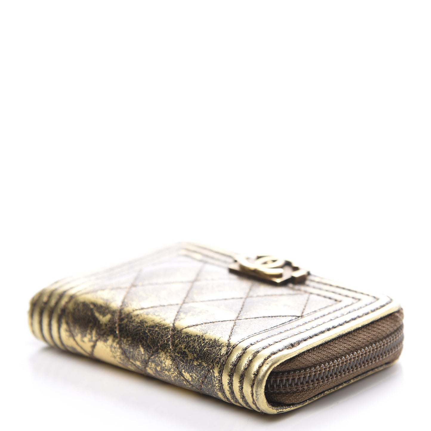 Cracked Metallic Calfskin Quilted Boy Zip Around Coin Purse Wallet Gold