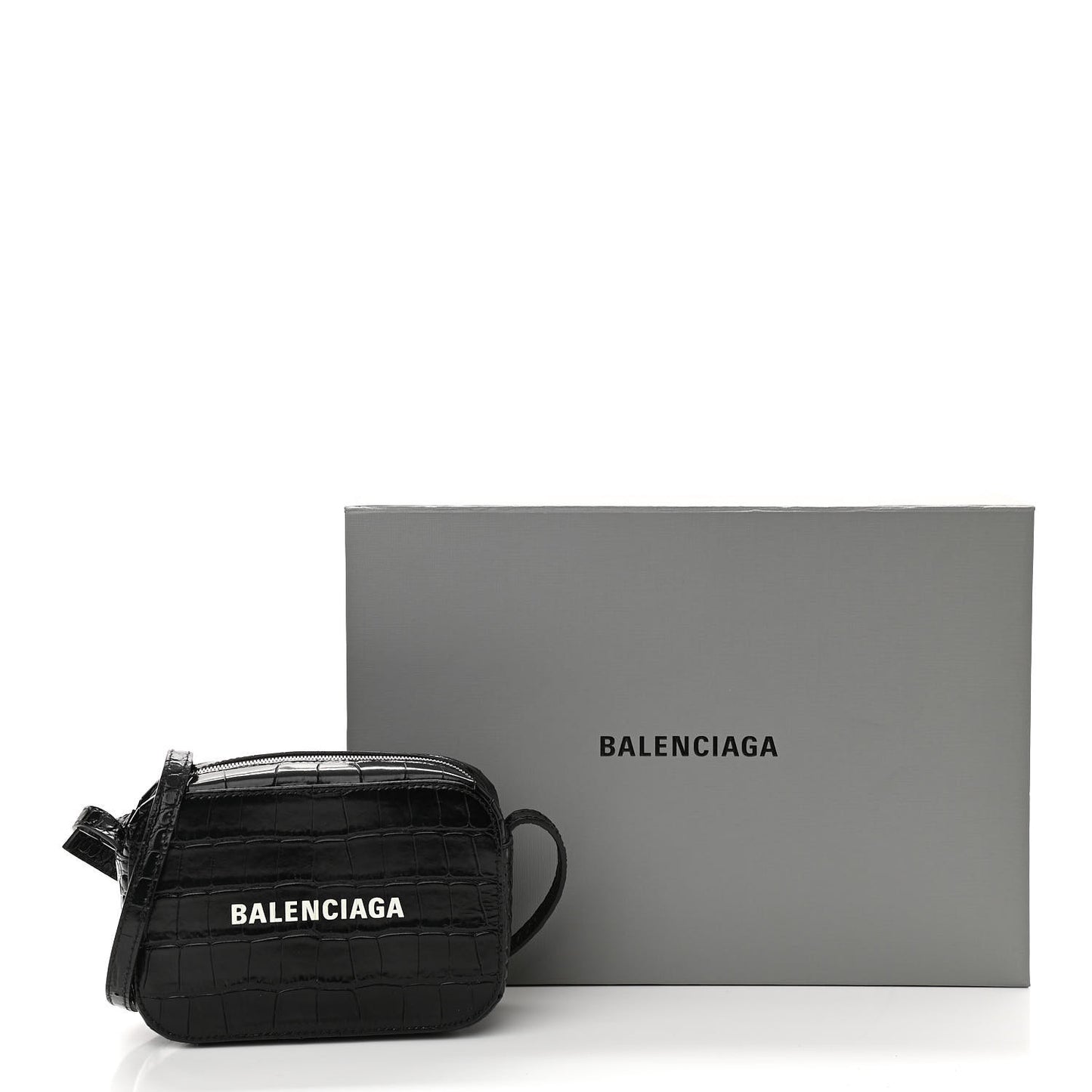 Shiny Calfskin Logo Crocodile Embossed XS Everyday Camera Bag Black