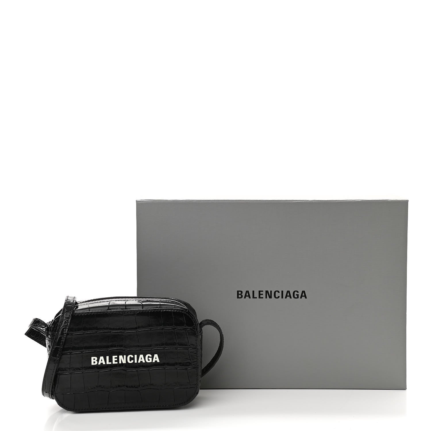 Balenciaga Shiny Calfskin Logo Crocodile Embossed XS Everyday Camera Bag Black 10 of 10