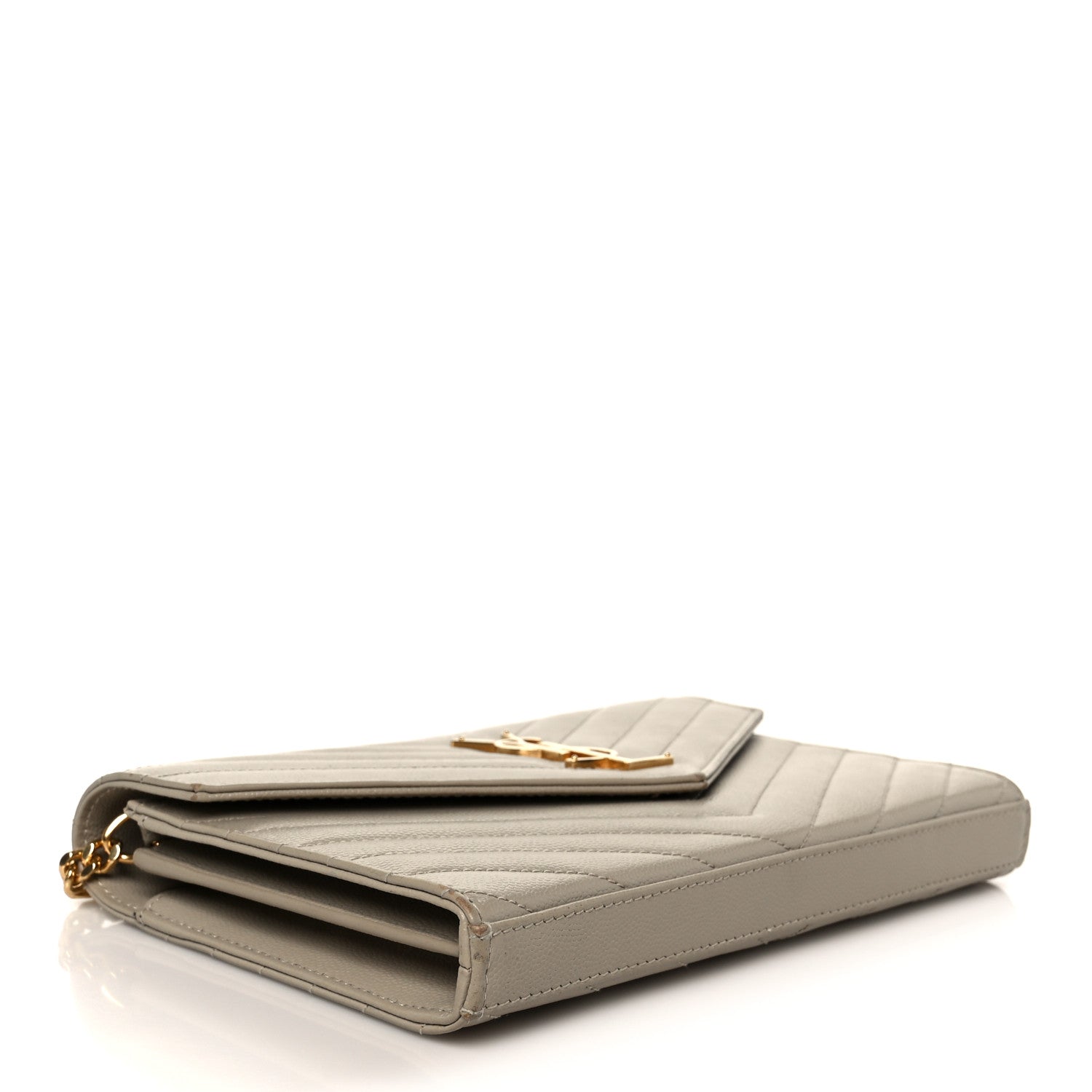 Saint Laurent Grain De Poudre Matelasse Chevron Monogram Chain Wallet Sea Salt 4 of 9