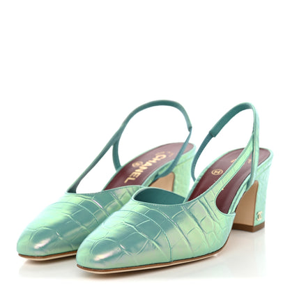 Chanel Iridescent Embossed Patent CC Cap Toe CC Slingback Pumps 37.5 Turquoise 4 of 10