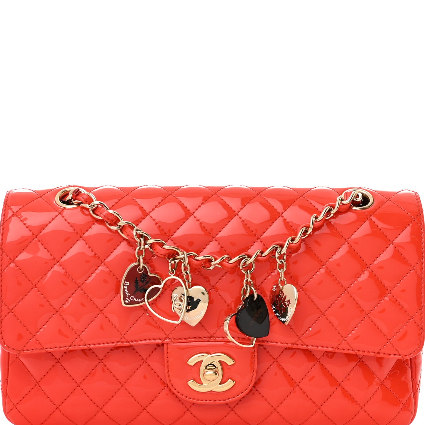Patent Calfskin Quilted Valentine Charms Medium Single Flap Red