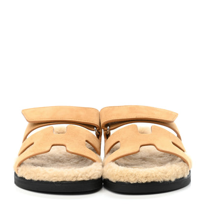 Hermes Suede Goatskin Woolskin Womens Chypre Sandals 35 Golden Beige 2 of 4