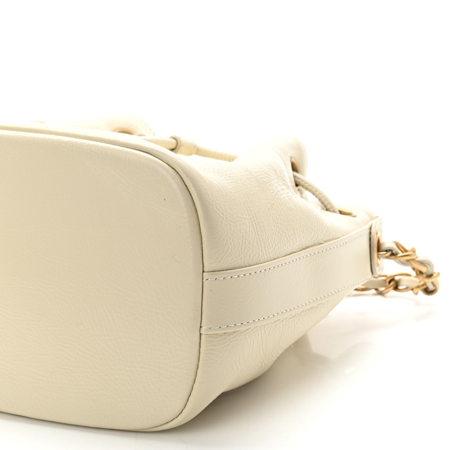 Shiny Aged Calfskin CC Chain Mini Drawstring Bag White