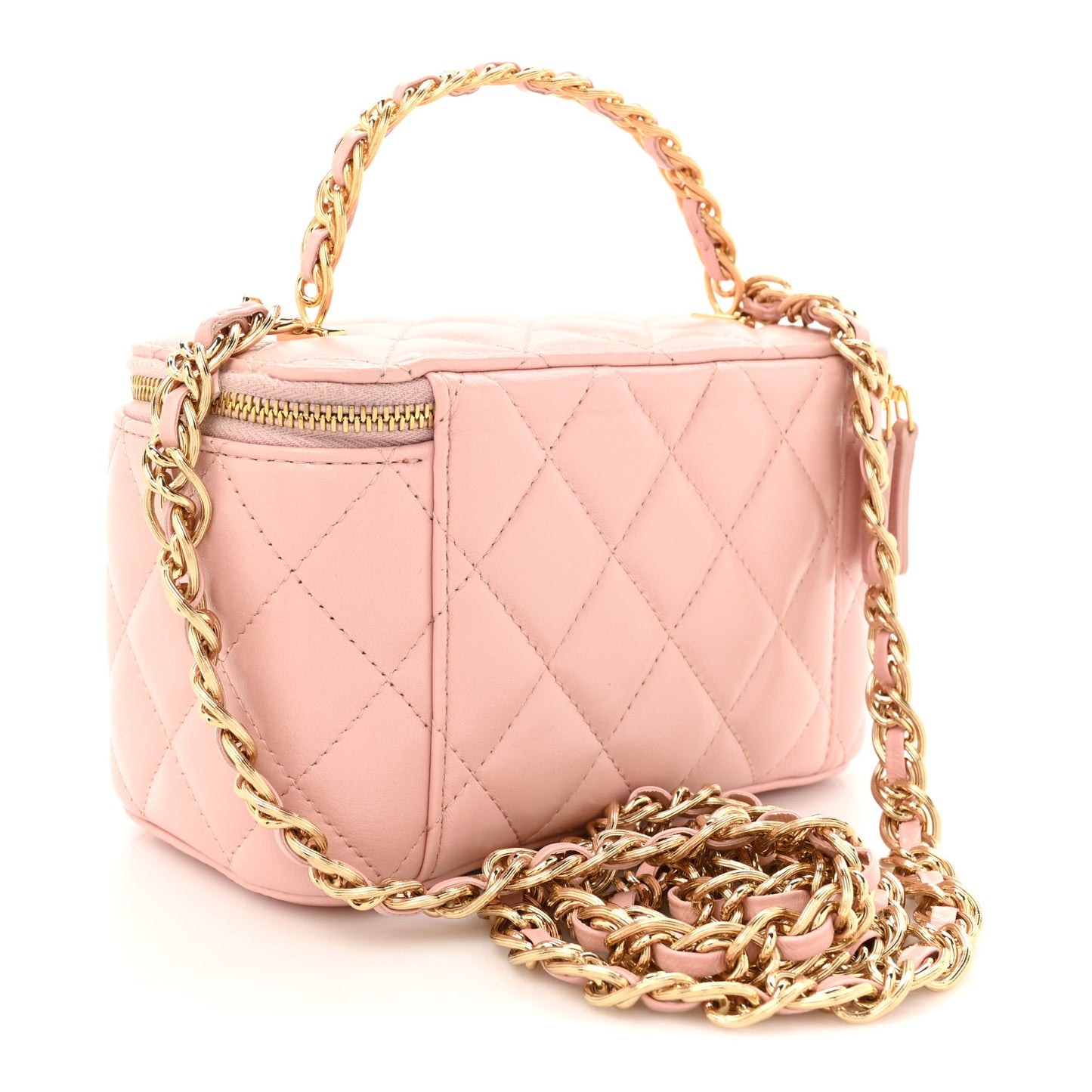 Lambskin Quilted Golden Links Top Handle Vanity Case With Chain Light Pink