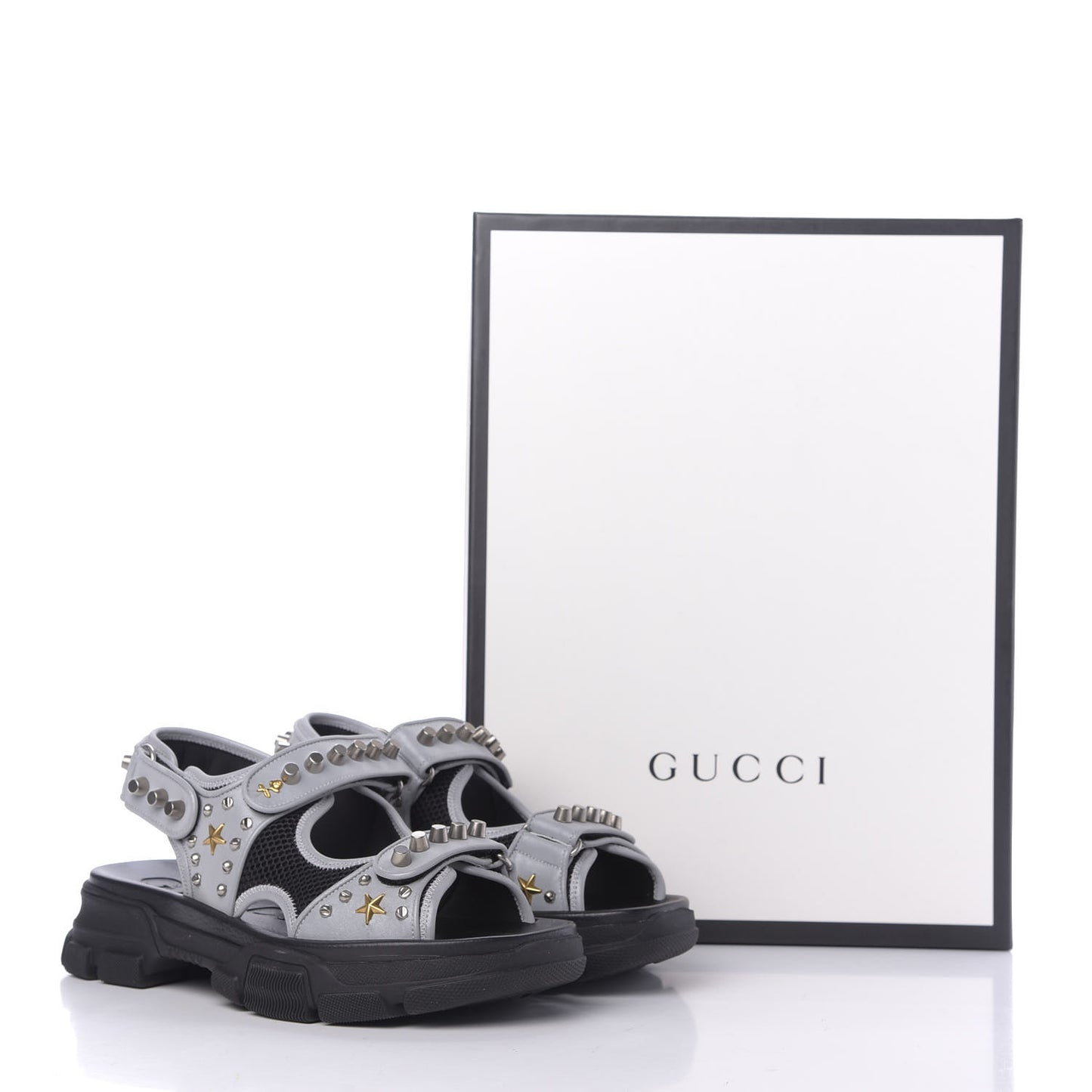 Technical Canvas Calfskin Reflective Studded Mens Aguru Sandals 8 Silver Black