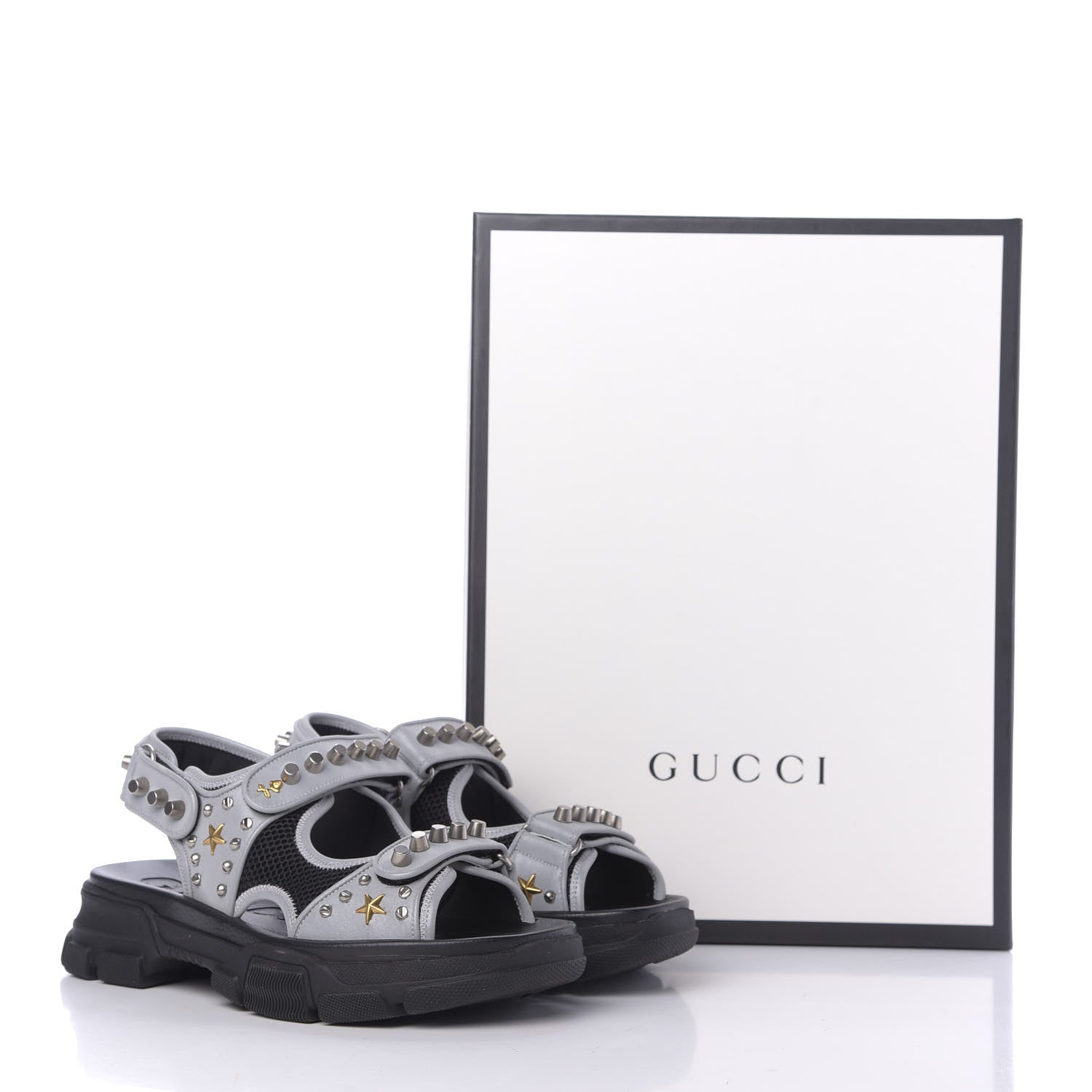 Gucci Technical Canvas Calfskin Reflective Studded Mens Aguru Sandals 8 Silver Black 10 of 10