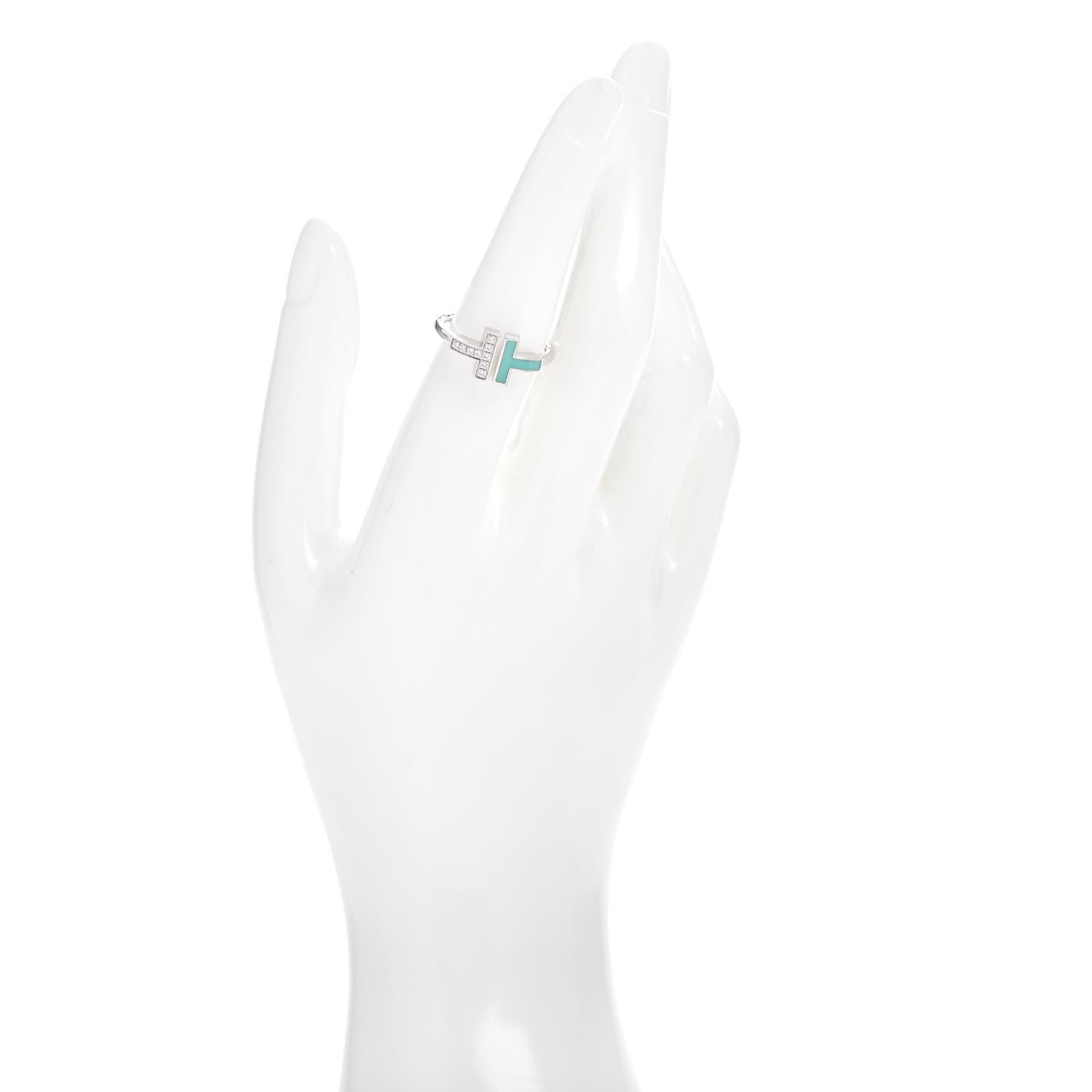 Tiffany 18K White Gold Diamond Turquoise T Wire Ring 54 7 2 of 6