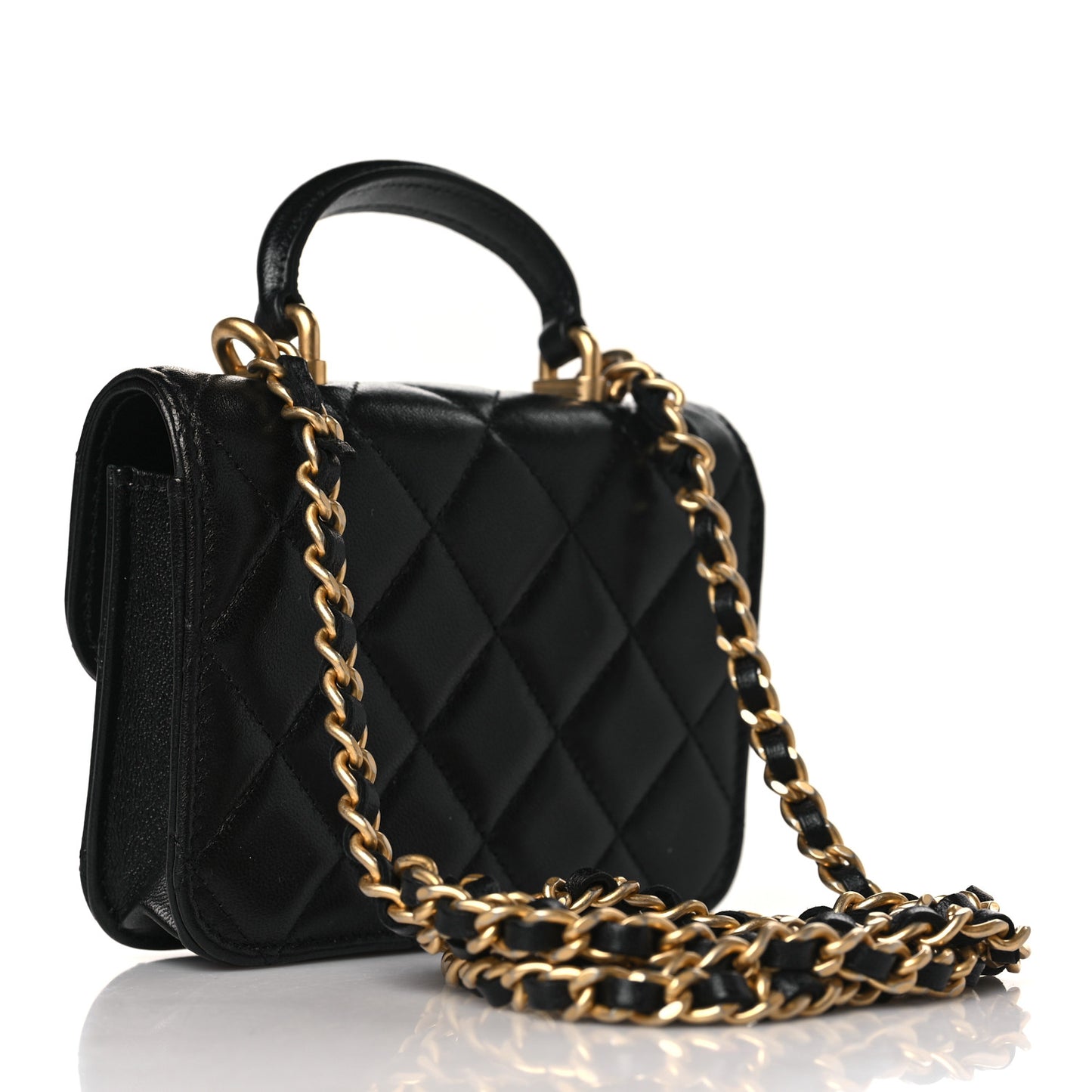 Lambskin Quilted Top Handle Flap Coin Purse With Chain Black