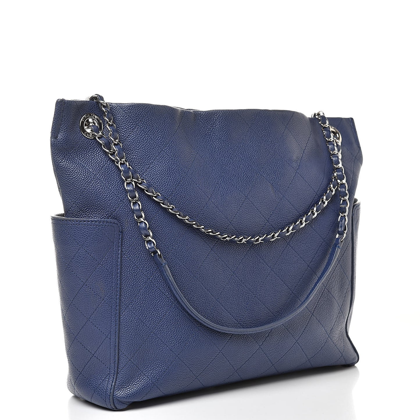 Grained Calfskin CC Pocket Tote Navy Blue