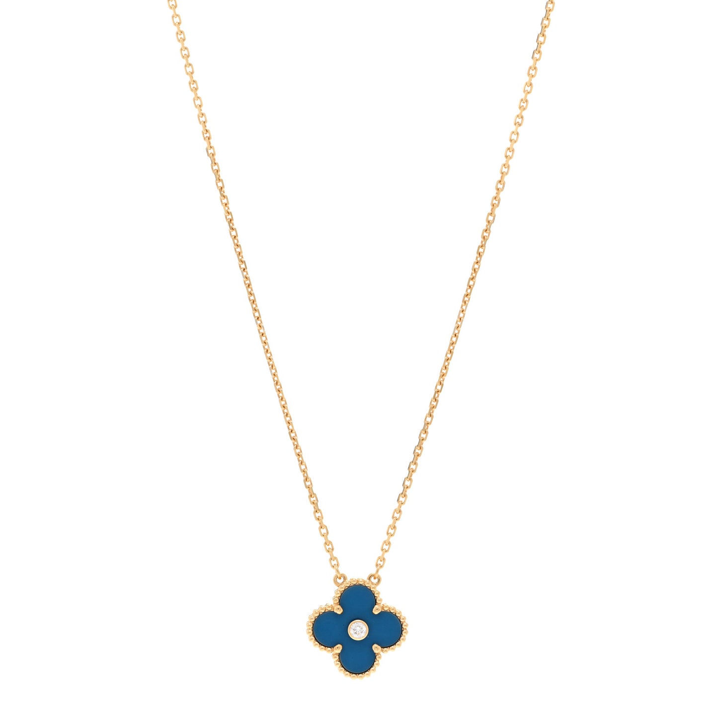 18K Yellow Gold Diamond Celestial Blue Sevres Porcelain Vintage Alhambra Pendant Necklace