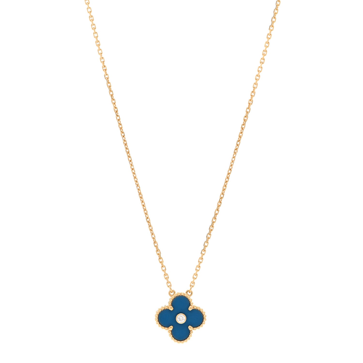 Van Cleef & Arpels 18K Yellow Gold Diamond Celestial Blue Sevres Porcelain Vintage Alhambra Pendant Necklace 1 of 6