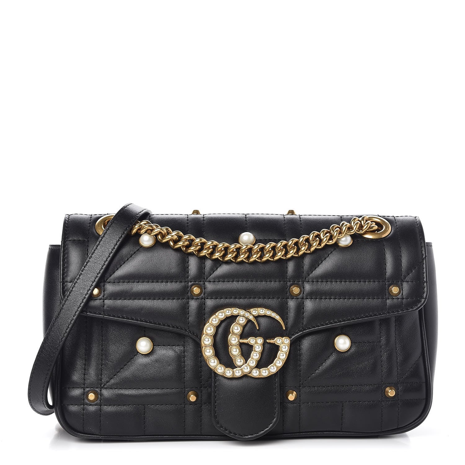 Gucci Calfskin Matelasse Studded Small Pearly GG Marmont Shoulder Bag Black 1 of 7