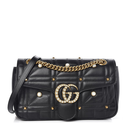 Gucci Calfskin Matelasse Studded Small Pearly GG Marmont Shoulder Bag Black 1 of 7