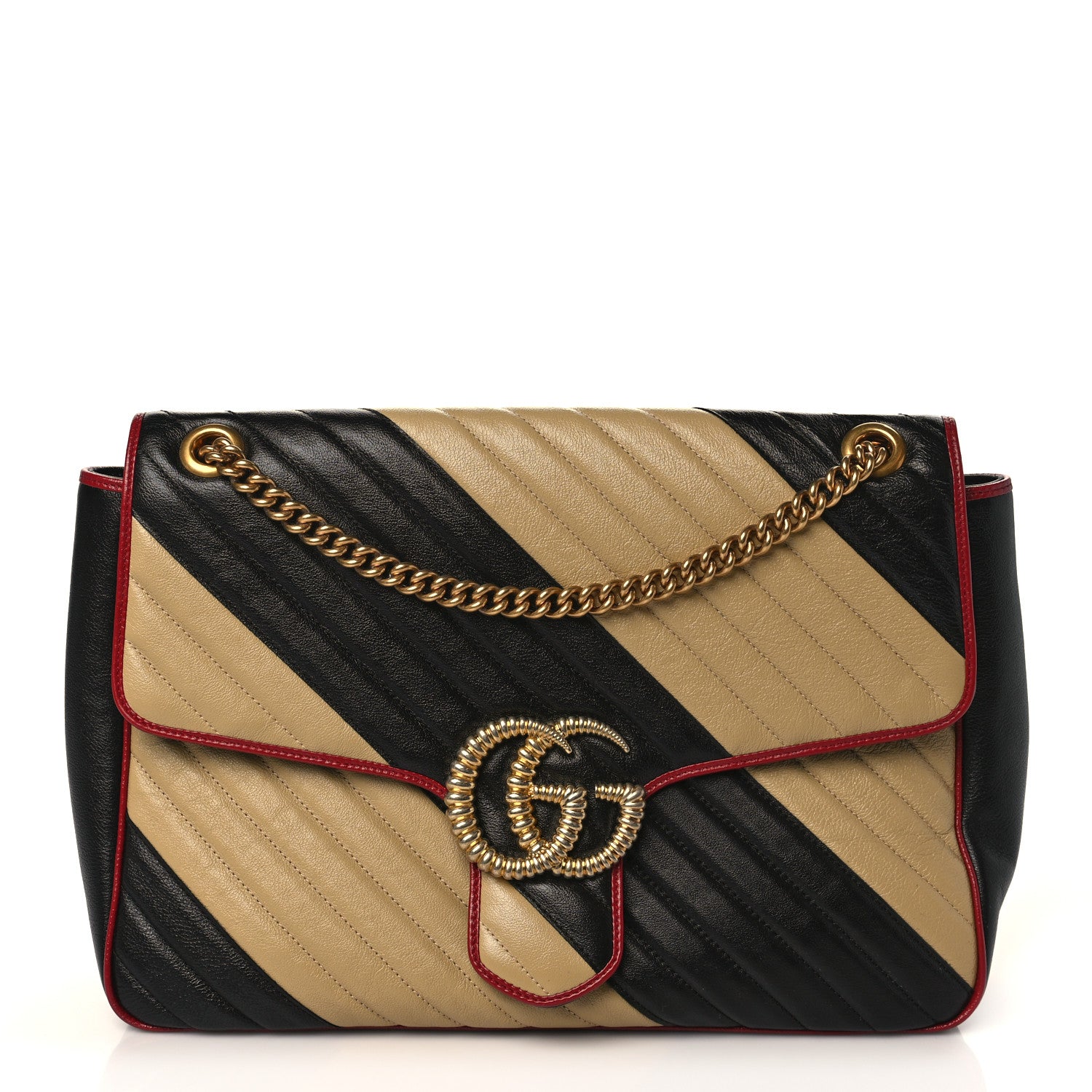 Gucci Azalea Calfskin Matelasse Diagonal Patchwork Large Torchon GG Marmont Shoulder Bag Black Beige Romantic Cerise 1 of 8