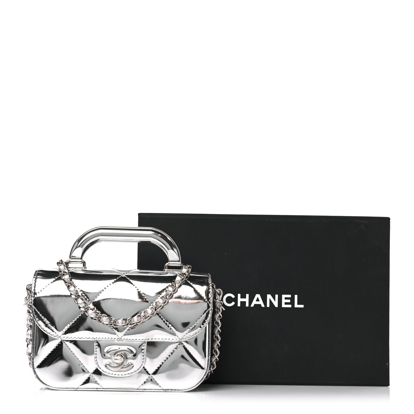 Mirror Calfskin Small Top Handle Clutch With Chain Silver