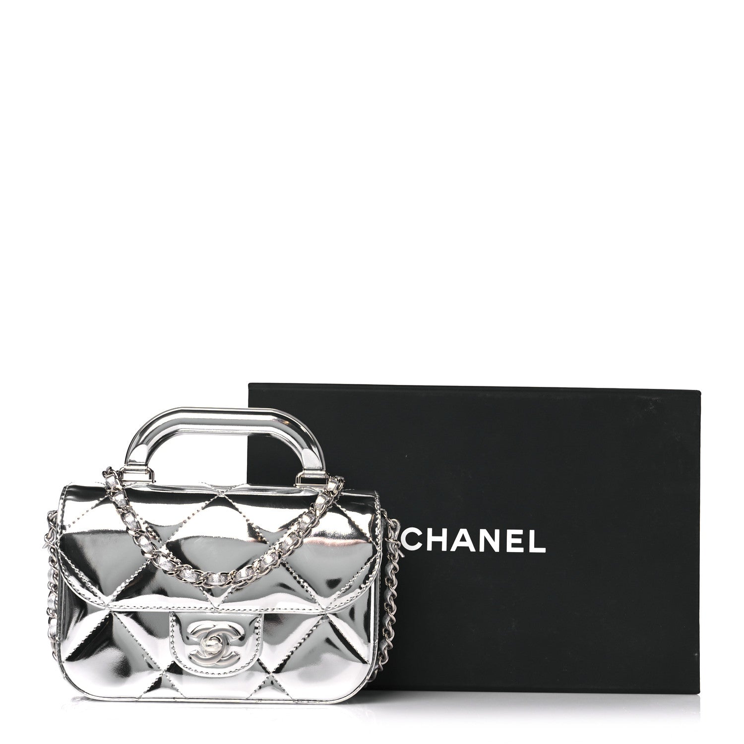 Chanel Mirror Calfskin Small Top Handle Clutch With Chain Silver 12 of 12