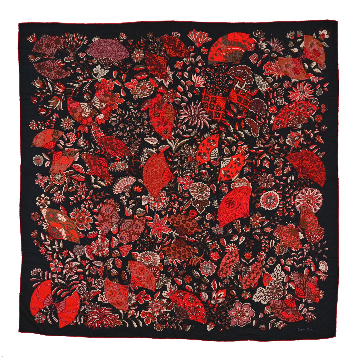 Hermes Cashmere Silk Fleurs et Papillons de Tissus Scarf 140 Black Rouge Brun 1 of 4