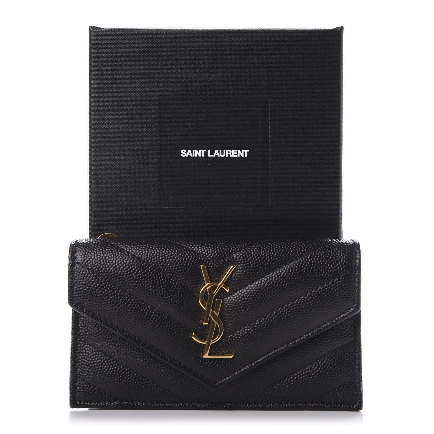 Saint Laurent Grain De Poudre Matelasse Chevron Monogram Compact Wallet Black 7 of 7