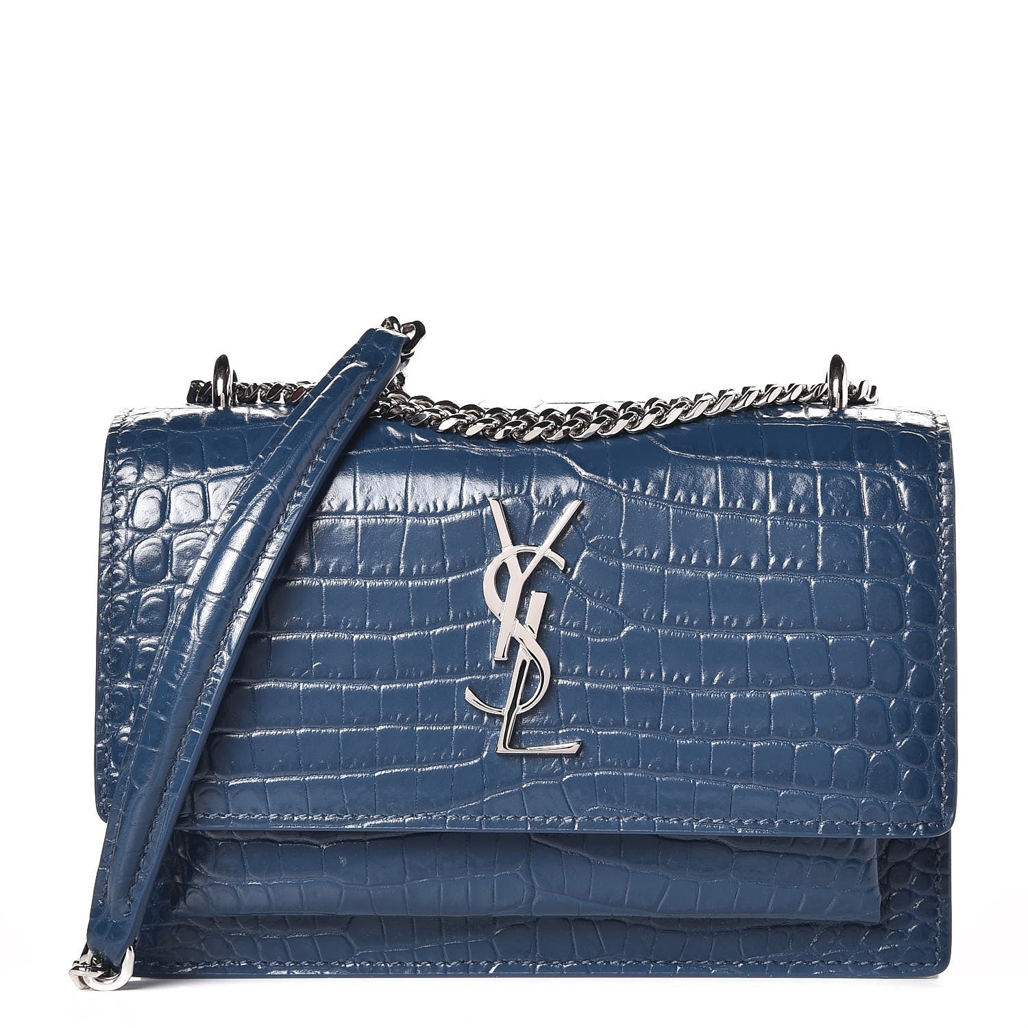 Saint Laurent Calfskin Crocodile Embossed Monogram Sunset Chain Wallet Denim 1 of 6