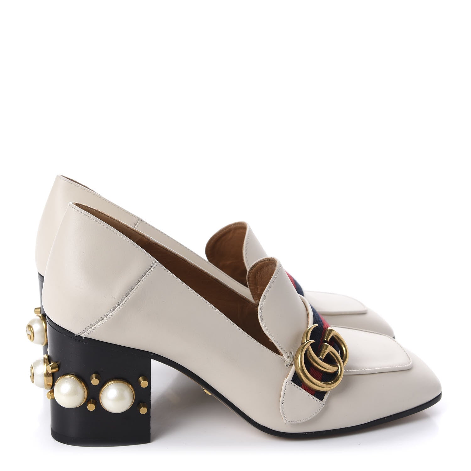 Gucci Betis Glamour Calfskin Web Pearl Embellished Peyton 75mm Loafer Pumps 37.5 Mystic White 4 of 10