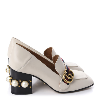 Gucci Betis Glamour Calfskin Web Pearl Embellished Peyton 75mm Loafer Pumps 37.5 Mystic White 4 of 10