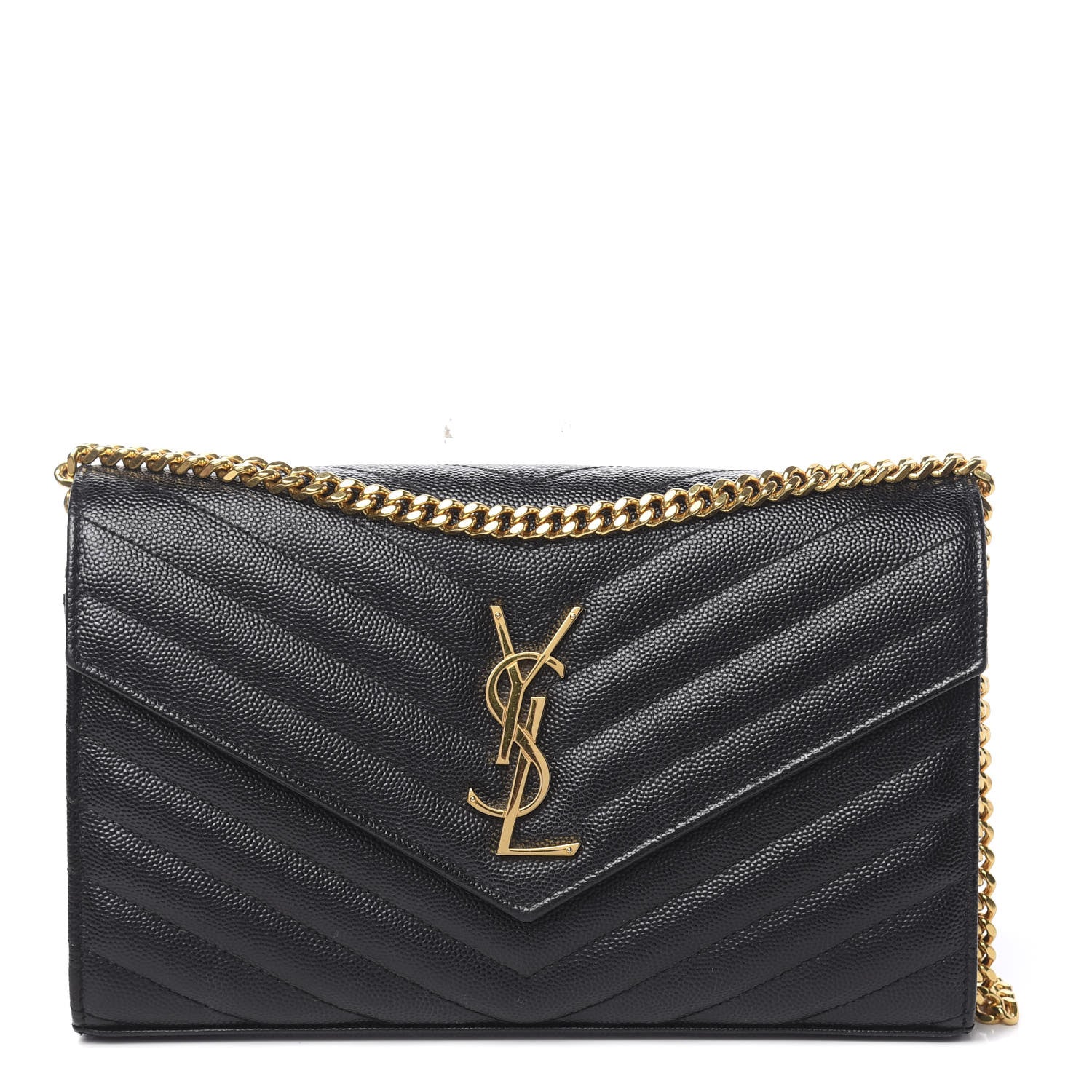 Saint Laurent Grain De Poudre Matelasse Chevron Monogram Chain Wallet Black 1 of 10