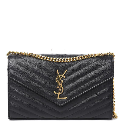 Saint Laurent Grain De Poudre Matelasse Chevron Monogram Chain Wallet Black 1 of 10