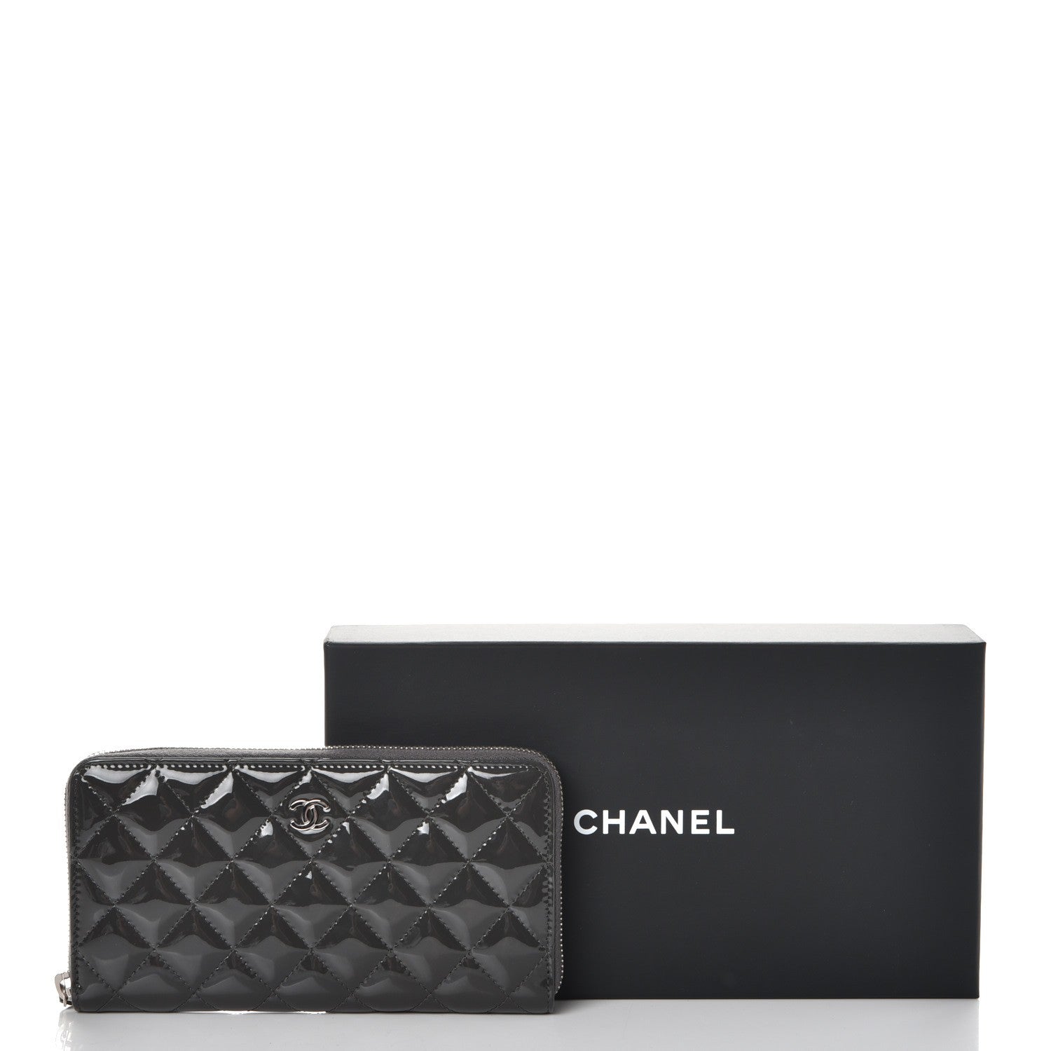 Chanel Patent Calfskin Quilted Large Gusset Zip Around Wallet Grey 10 of 10