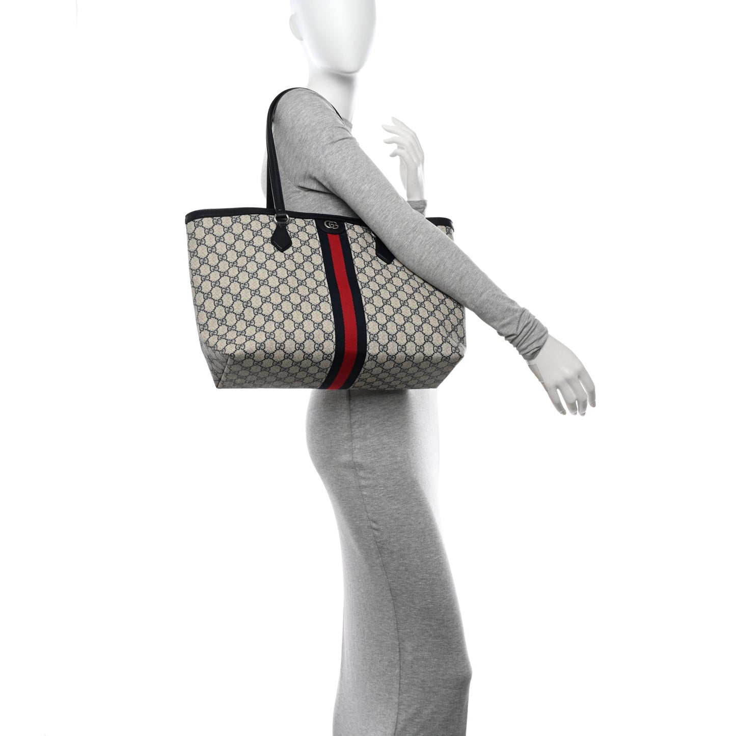GG Supreme Monogram Textured Calfskin Web Medium Ophidia Shopping Tote Beige Blue