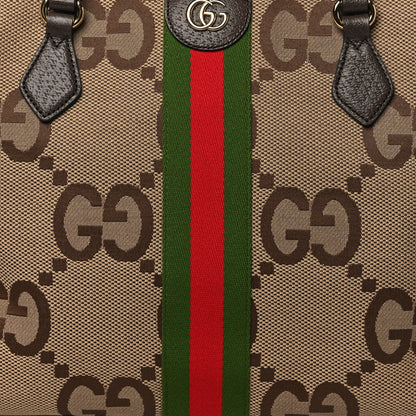 Gucci Monogram Jumbo GG Textured Dollar Calfskin Web Medium Ophidia Shopping Tote Camel Ebony 8 of 10